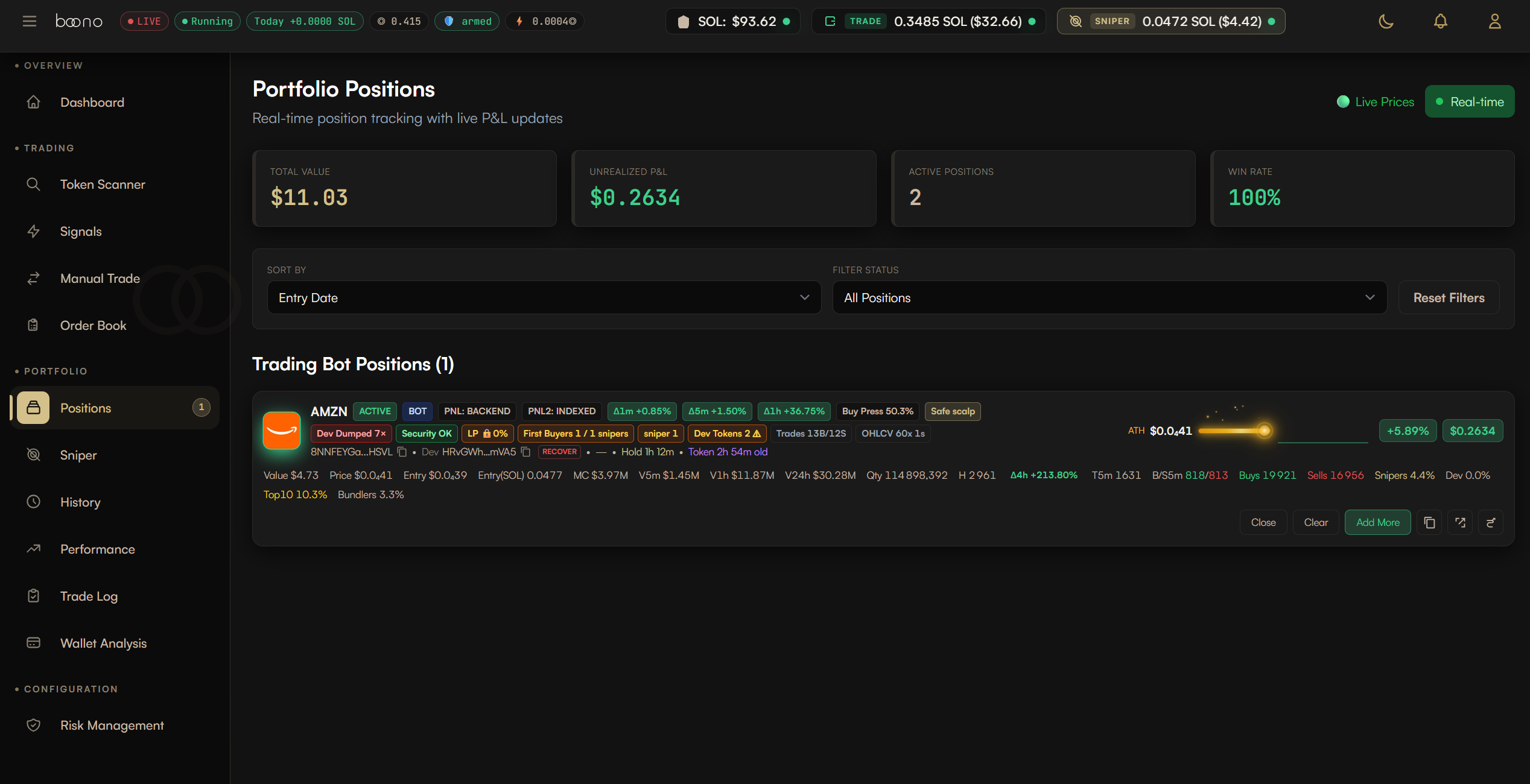 BOONO portfolio screen showing an active Solana position with live unrealized P&L, entry price, holder concentration and risk badges