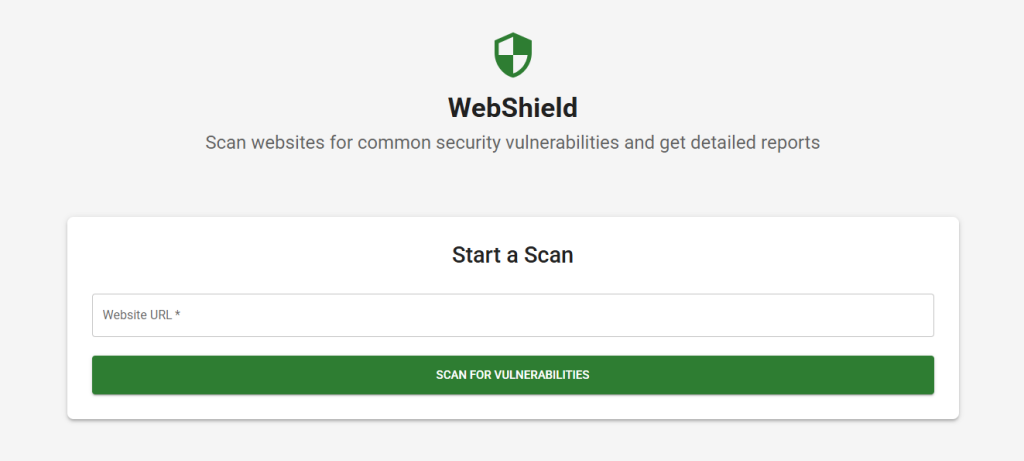WebShield security scanner UI with website input and scan button