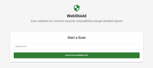 WebShield security scanner UI with website input and scan button