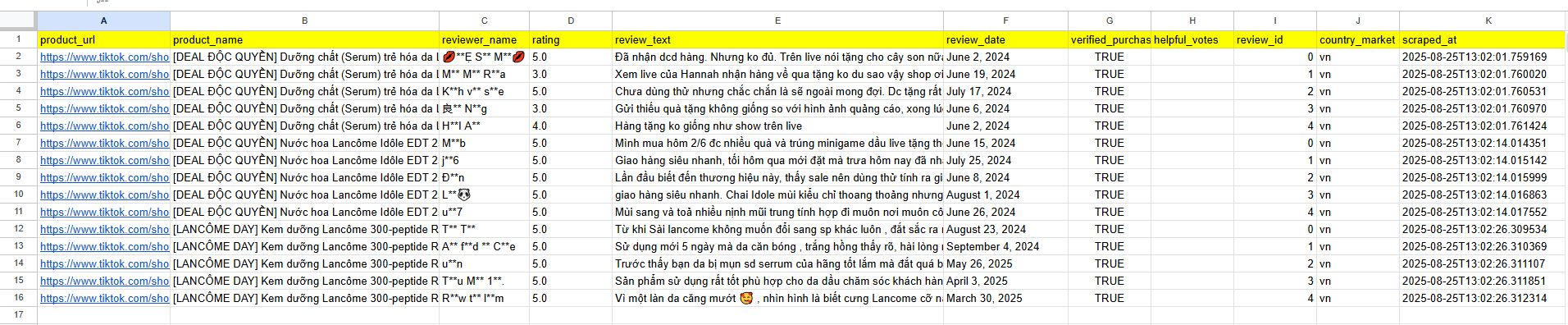 reviews tiktok scraper result